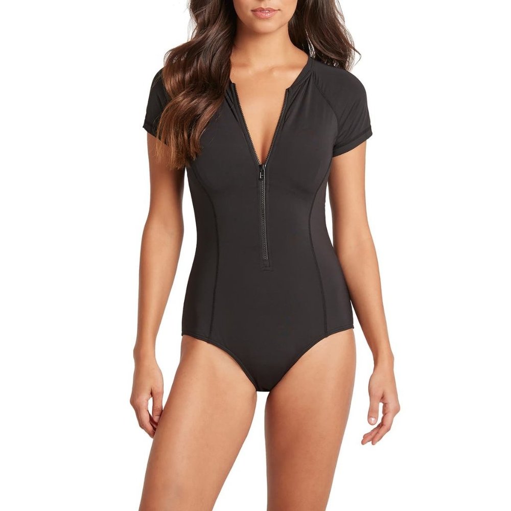 SEA LEVEL Short Sleeve Multifit Zip Front Swimsuit Black 12 NEW